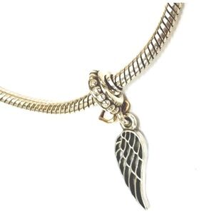 S925 Sterling Silver Dangling "Angel Wing and Gold Heart" Charm~Fits Pandora NEW